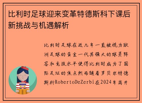 比利时足球迎来变革特德斯科下课后新挑战与机遇解析