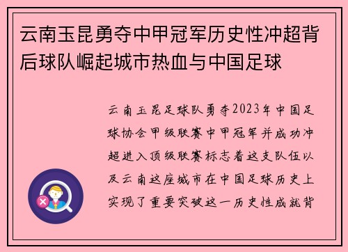 云南玉昆勇夺中甲冠军历史性冲超背后球队崛起城市热血与中国足球 云南玉昆勇夺中甲冠军历史性冲超背后球队崛起城市热血与中国足球